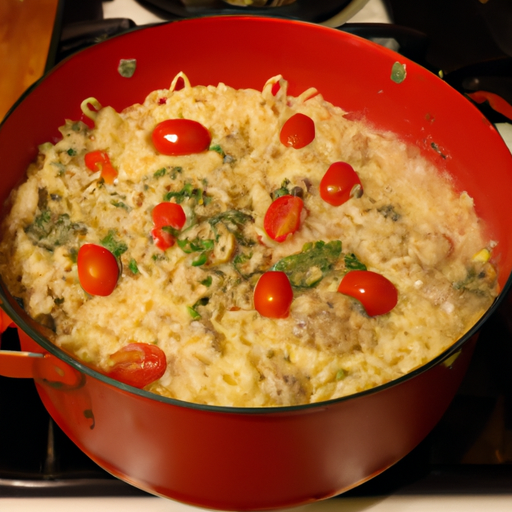 A Dutch oven on a stovetop, simmering with pasta, tomatoes, and herbs.