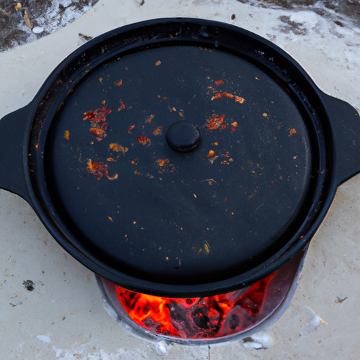 A cast iron Dutch oven placed on a campfire, ready to cook a delicious homemade pizza.